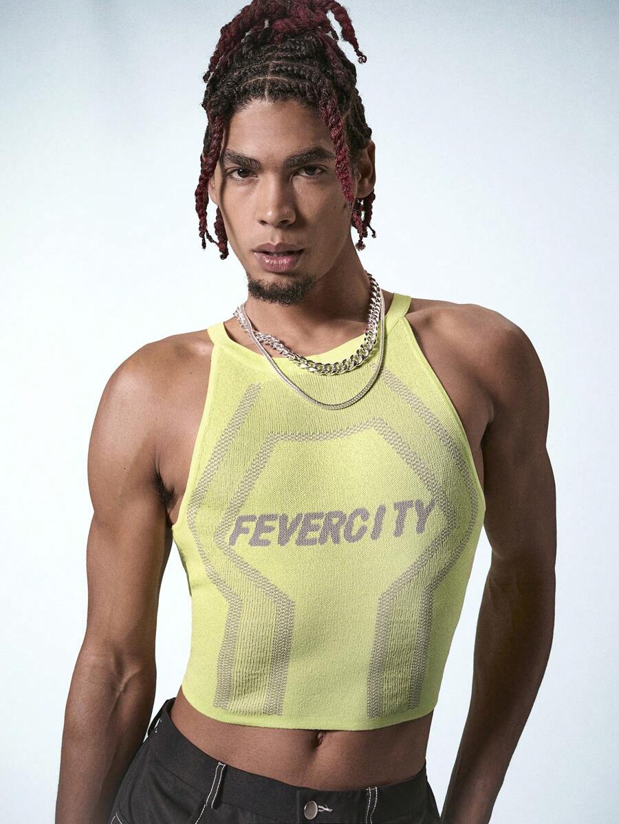 Manfinity Fever City Men's Graphic Crop Top Stylish Printed Sleeveless Knit Top - Green - View 1