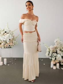 PARTHEA Off Shoulder Ruched Twist Fron Crop Top & Low Waist Ruffles Skirt Set - Apricot - View 7