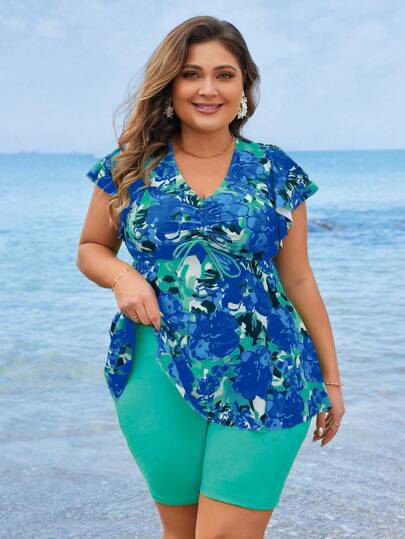 Swim Lushoire Plus Size Summer Beach Floral Print Drawstring Top And Solid Color Square Shorts Tankini Swimwear Set