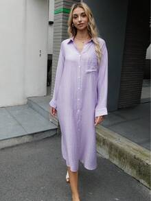 女士休閒超大寬鬆長版襯衫連衣裙 - 淡紫色 - 查看 4