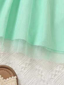 Young Girl Holiday Floral Embroidery Puff Sleeve Loose Dress With Woven Collar, Spring/Summer, Warm And Cozy