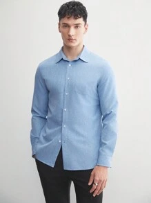 AKNOTIC Business Casual Easy Care Men's Woven Casual Navy Blue Solid Slim Fit Shirt With Straight Shoulders, Long Sleeves, Suitable For Spring And Summer