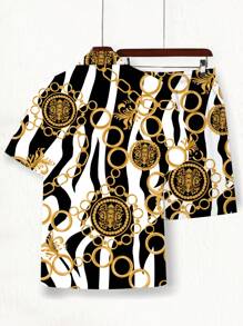 Manfinity RSRT Summer Beach Party Pattern Printed Men Shirt And Shorts Set - Multicolor - View 2