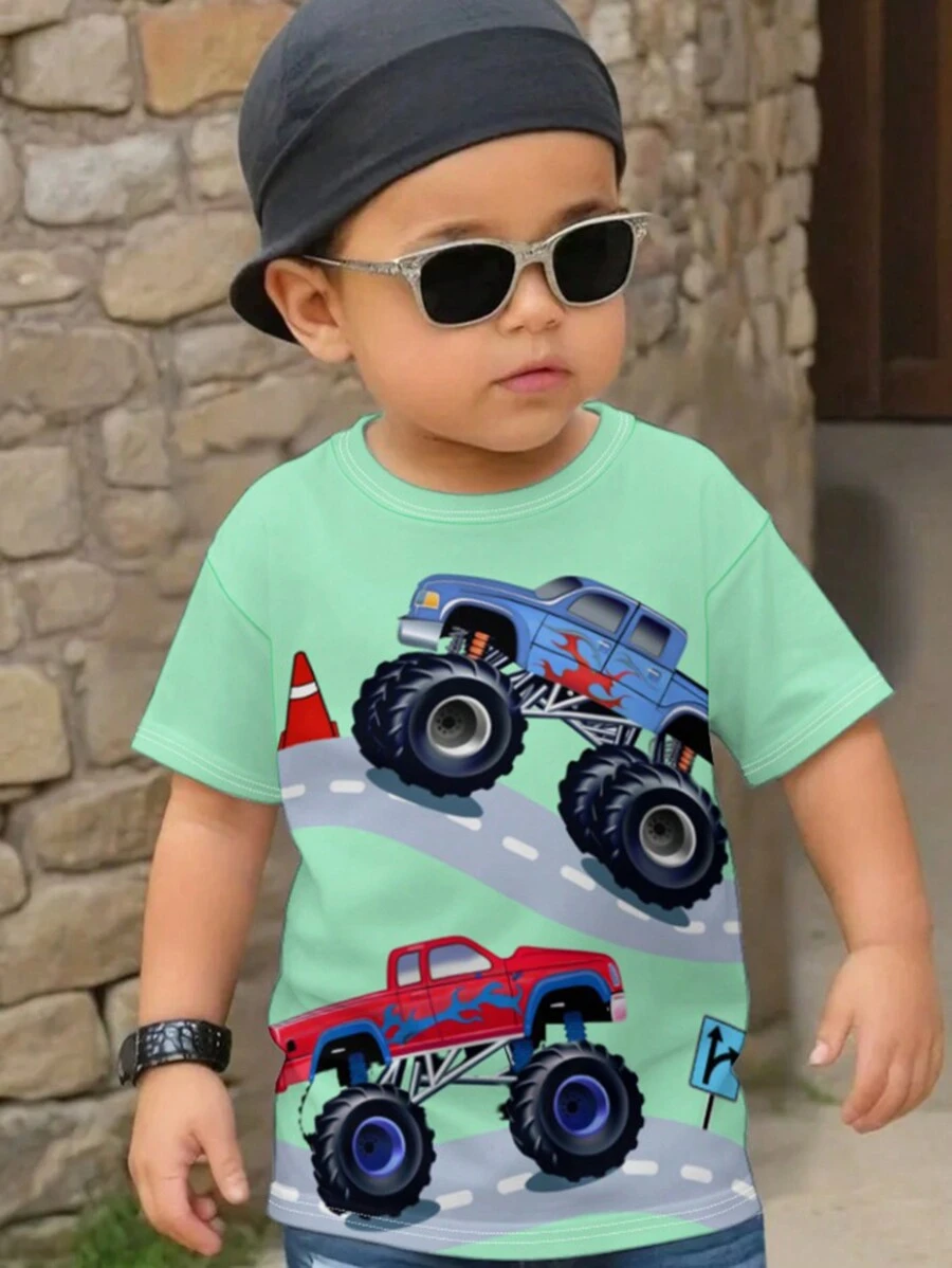 SHEIN Monster Truck And Young Boy Casual Simple Car Print Short Sleeve Round Neck T-Shirt, Suitable For Summer