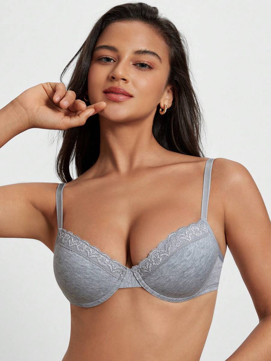 Women's Casual Grey Fabric Bra With Delicate Contrast Lace Trim Medium Stretch Plain Design - Grey - View 1