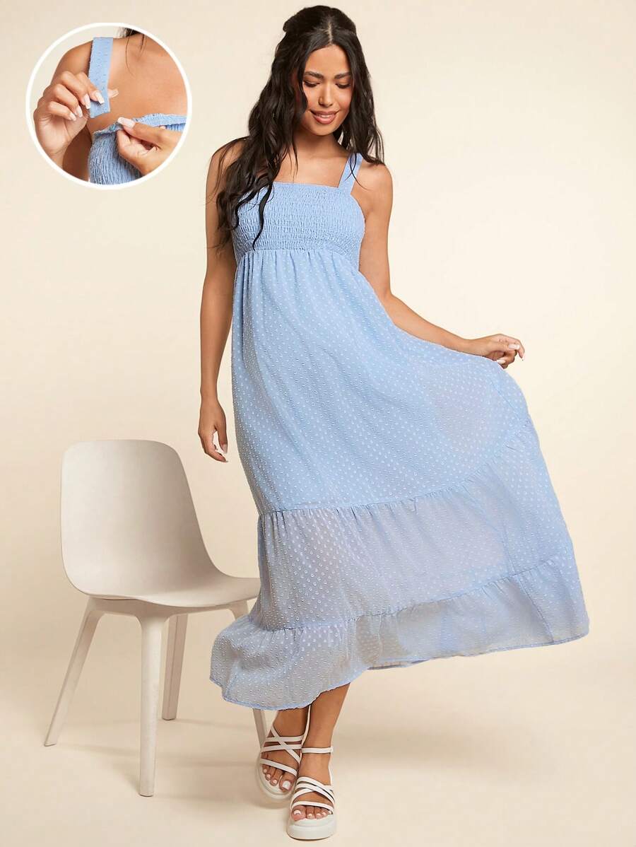 SHEIN Váy bầu dài cho con bú có dây đeo có thể tháo rời và viền xếp nếp - Màu xanh lam - Xem 1