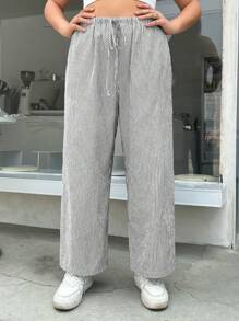 SHEIN EZwear Women's Plus Size Loose Fit Casual Navy & White Vertical Striped Long Pants For Summer