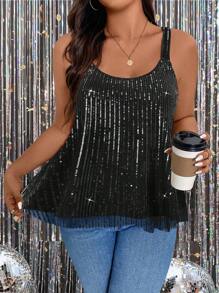 Rometta Plus Size Sequin Contrast Round Neck Elegant Camisole Top, Summer For Holiday Party Clothes Graphic Tees Women Tops - Black - View 5