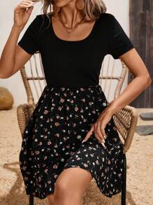 SHEIN LUNE Sommer Kurzarm AB buntfarbiges einfarbiges und Blumen Patchwork A-Linie Freizeitkleid mit U-Ausschnitt für den Urlaub