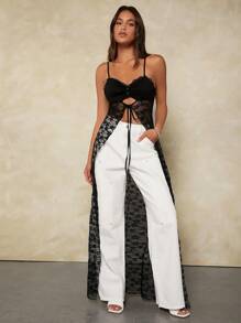 Forever 21 Lace Long See-Through Patchwork Hot Girl Sexy Top - Black - View 4