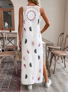 SHEIN LUNE Phong cách nghỉ dưỡng Váy không tay có ren chèn lông vũ có xẻ bên - trắng - Xem 2