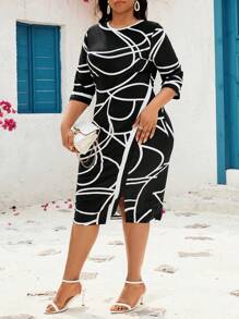 SHEIN Lady Vestido ajustado blanco elegante de talla grande para mujer - Blanco y Negro - Ver 6