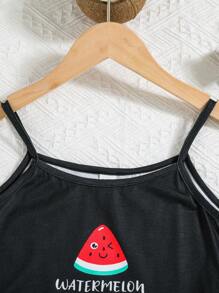 SHEIN Tween Girl Fun Dưa Hấu Họa Tiết Dệt Kim Chống Cháy Trang Phục Ở Nhà Bộ 2 chiếc: Áo ba lỗ & Quần short, Mùa hè - màu đen - Xem 5