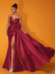 Smilprince Long Sexy Strapless Solid Color High Slit Ruched Elegant Evening Gown Dress (Heavy Embellished) - Burgundy - View 7