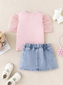 SHEIN Camiseta com efeito jeans para meninas, manga bufante rosa e saia azul com estampa de cavalo, conjunto de 2 peças