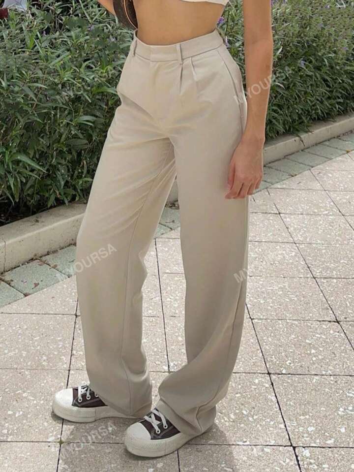 MYOURSA Solid Front Pleated Straight Leg Tailored Pants