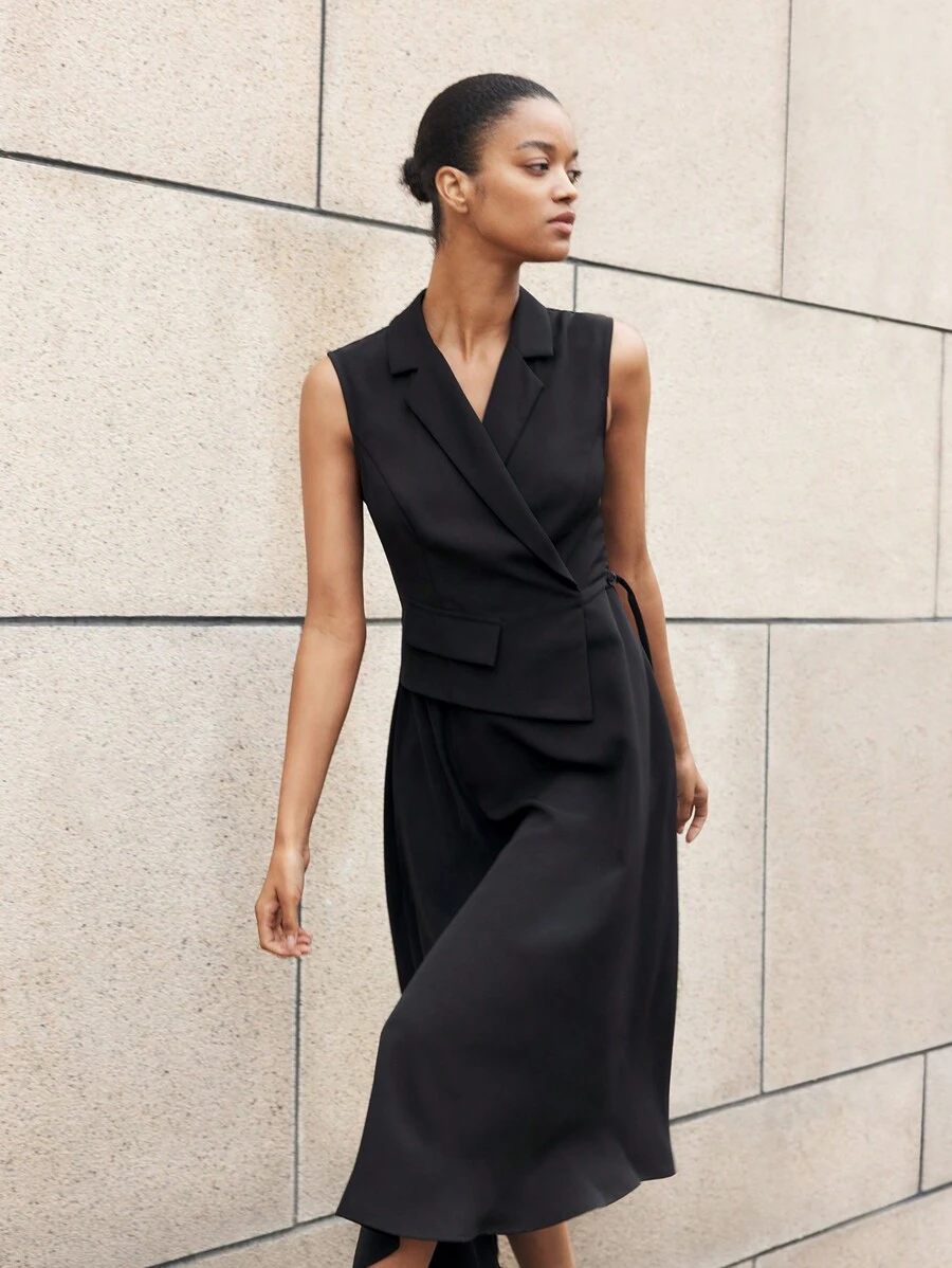 BizChic 1 件高腰女士无袖优雅办公室通勤黑色连衣裙 - 黑色 - 查看 1