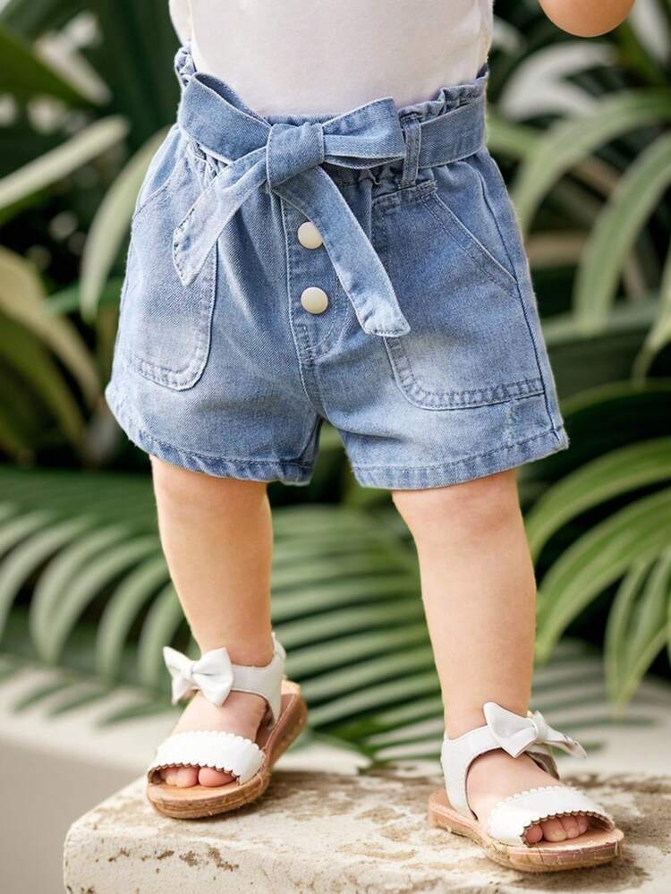 Baby Girl Basic Casual Vacation Style Light Blue Washed Denim Shorts With Flower Embellished Waistband, Pockets And Belt Loops