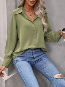 SHEIN LUNE Camisa casual de manga larga y corte holgado con botones en la parte delantera - Verde - Ver 5