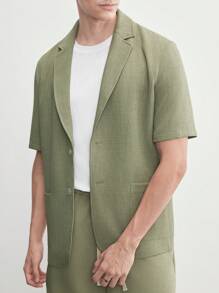 AKNOTIC Business Casual 易護理男士編織商務休閒聚酯氨彈力斜紋布實色西裝外套，配有凸起翻領和短袖，適用於夏季 - 綠色 - 查看 10