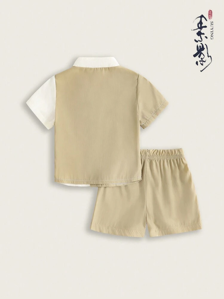 Baby Boys' Classic Chinese-Style Short Sleeve Button-Up Top And Shorts Set For Summer