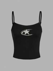 Attitoon 女款黑色星星圖案休閒修身背心，適合夏季 - 黑色 - 查看 3