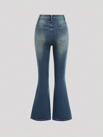 SHEIN Girlism Tween Girls' Y2k Retro Washed Slim Fit Stretchy Denim Flare Leg Jeans With Slant Pocket For Summer