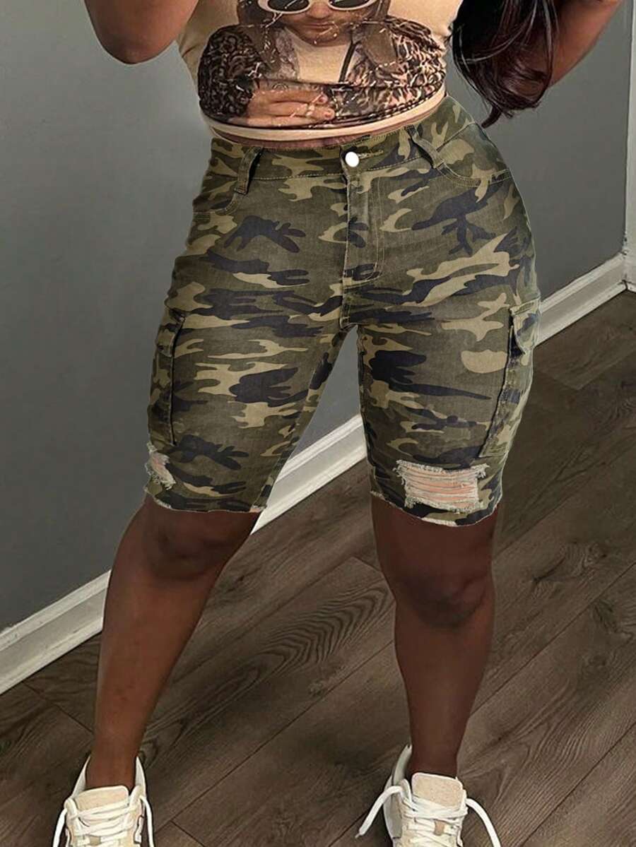 女款 Y2K 迷彩多口袋修身直筒牛仔短褲 休閒度假夏季款 - 軍綠色 - 查看 1