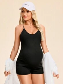 SHEIN Maternity Women Street Style Casual Cross Strap Tight Jumpsuit - Black - View 4