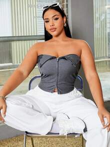 CovetEZ Plus Size Women Solid Color Zip Front Bandeau Top For Summer - Grey - View 4