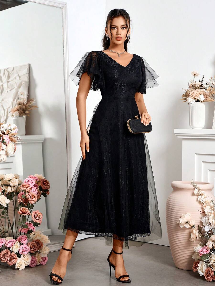 SHEIN Belle Stylish And Elegant Black Tulle Evening Dress For Bridesmaid