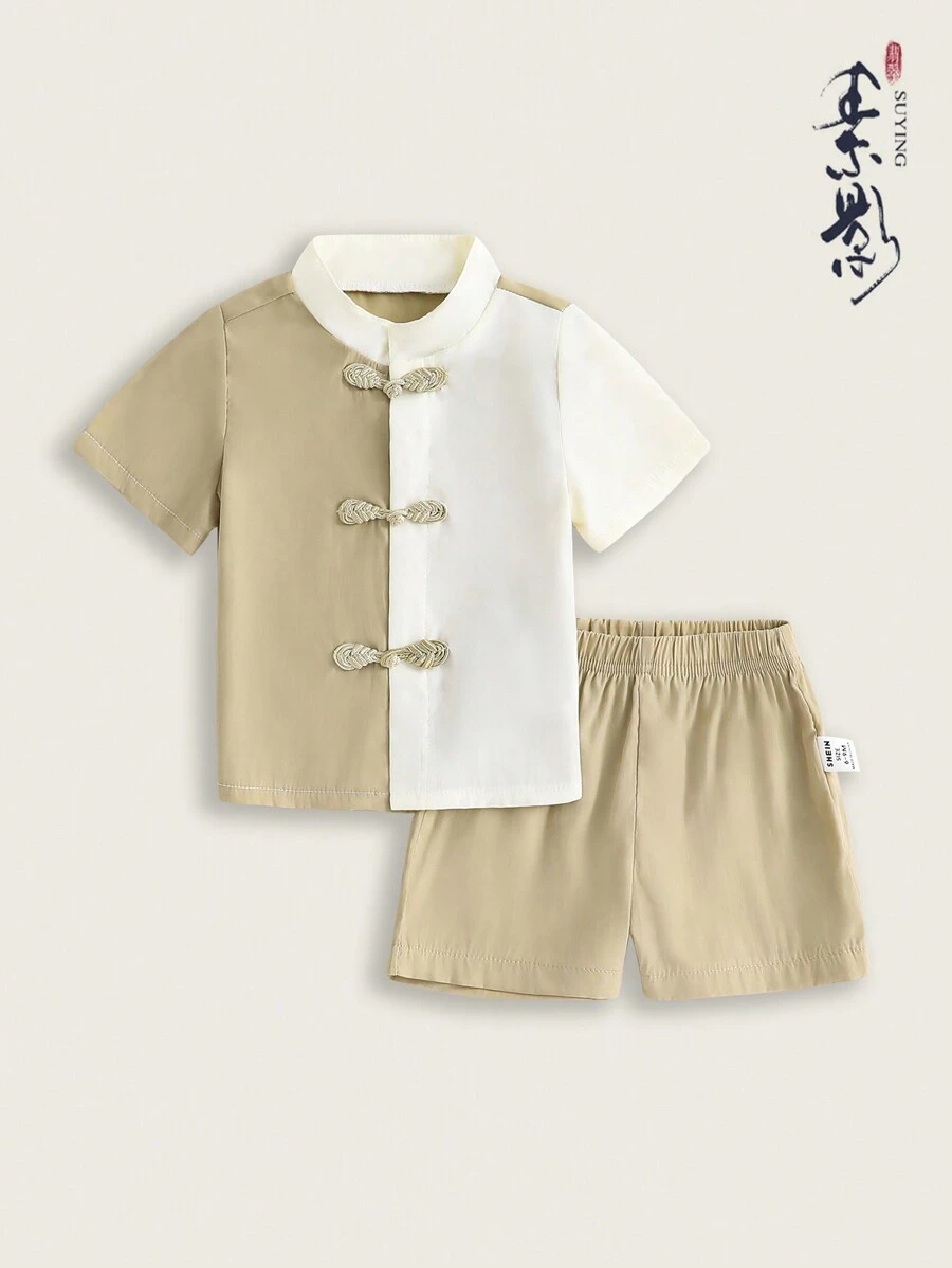 Baby Boys' Classic Chinese-Style Short Sleeve Button-Up Top And Shorts Set For Summer