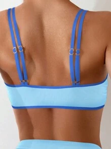 SHEIN Swim Ladies' Holiday Contrast Color Hollow Out Lace-Up Sexy Bikini Set,Summer Beach