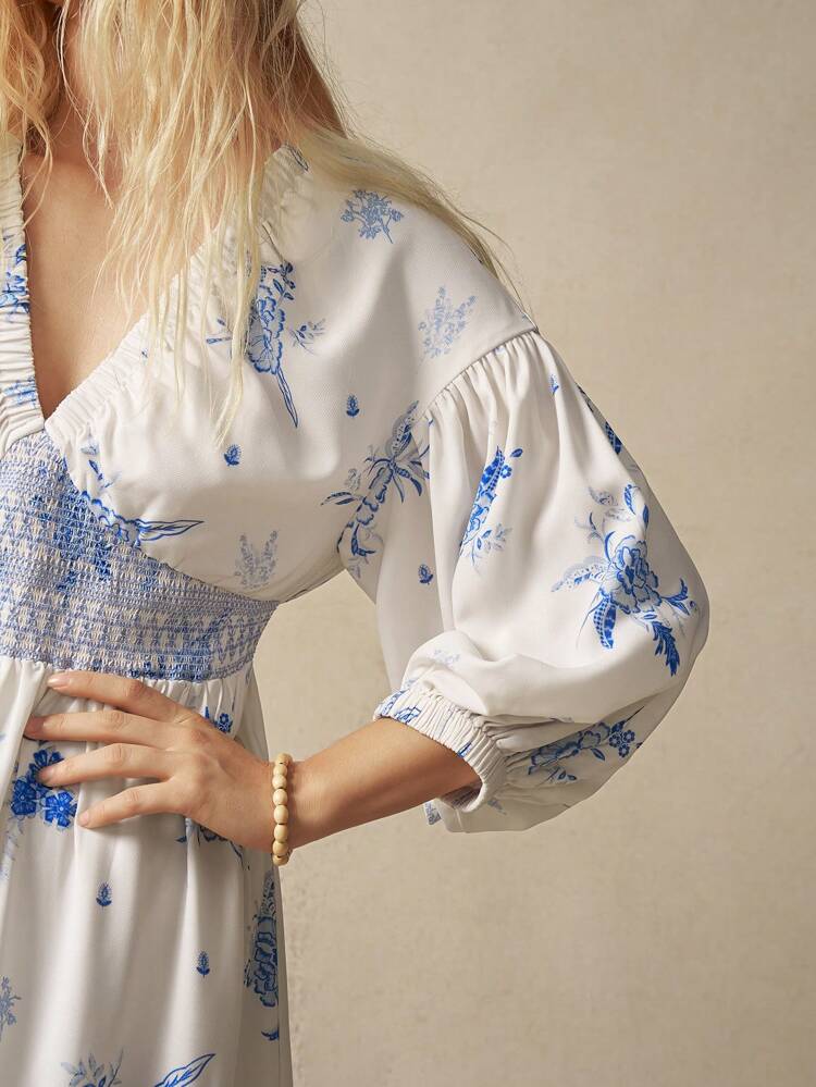 Boho Floral Pattern Women's V-Neck Lantern Sleeve High Waist Ruffled Hem Elegant Dress