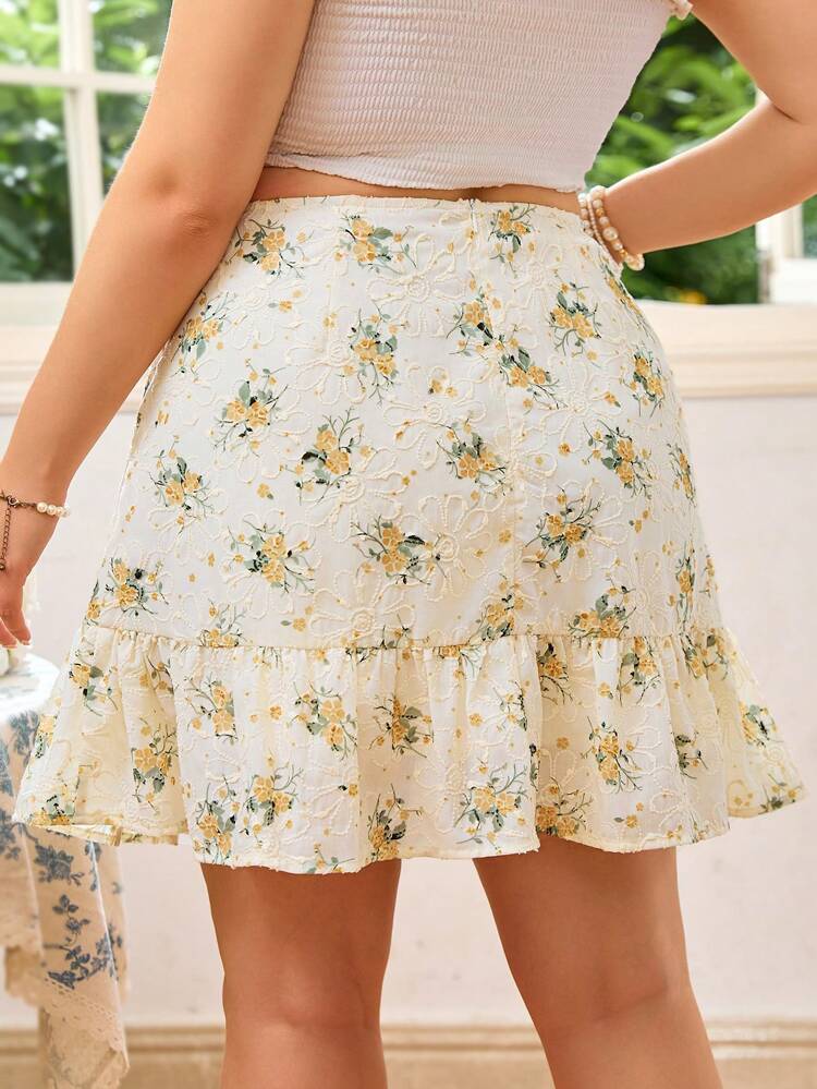 Pastoral Romantic Multi-Color Texture Floral Ruffle Plus Size Skirt
