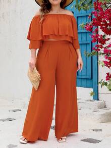 Co-Ords Ukuran Plus Asimetris Ruffle Tiered Layer Plain Casual - Jeruk - View 4