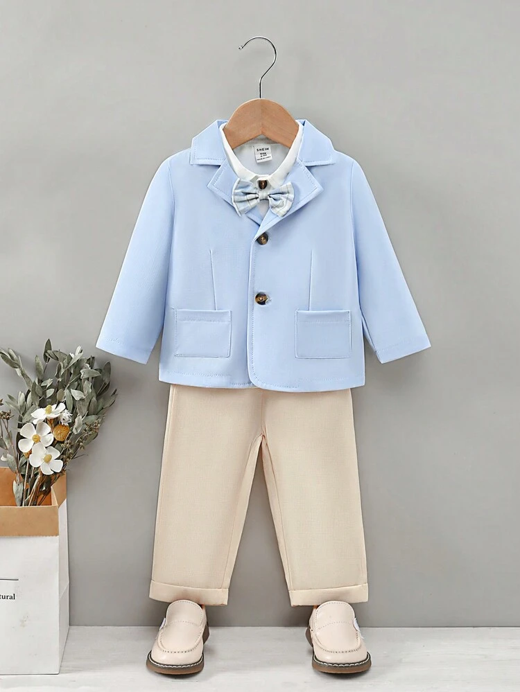 Baby Boy Elegant 3pcs Suit Including Long Sleeve Buttoned Western Blazer, Short Sleeve Bow-Tie Decorated Buttoned Shirt And Elastic Waistband Solid Woven Long Pants