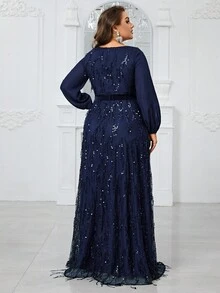 女士加大码闪亮灯笼袖圆领派对晚礼服，优雅长袖正式舞会婚礼宾客礼服，适合毕业典礼、晚宴、春假等场合 - 藏蓝色 - 查看 2