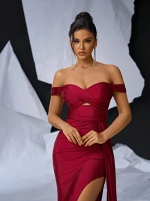 Glamrae Elegant, Gorgeous And Romantic Red Stretch Off Shoulder High Slit Fishtail Dress, Suitable For Formal Events, Bachelor Parties, Weddings And Festivals, Evening Dress, Wedding Guest Dress Party Dress,Gown