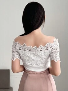 FRIFUL Áo thun nữ mùa hè phối ren, màu trơn, trễ vai, tay ngắn, dáng ôm, thanh lịch, thích hợp cho ngày Valentine. - trắng - Xem 6