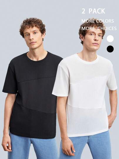 Manfinity VCAY 2pcs New Knitted Color Block Men's Casual Loose Fit T-Shirt With Round Neck, Suitable For Daily Wear In Spring And Summer