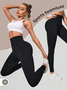 Easithlete Solid Tummy Control Sports Leggings Spandex - Black - View 4