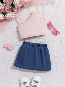 Conjunto de 2 piezas para bebé: Top de tirantes con lazo de colores y simple falda de mezclilla - Rosa Pálido - Ver 2