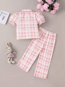 SHEIN 年輕女孩兔子印花甜美可愛帶口袋的睡衣，帶領巾和泡泡袖，舒適的家居兩件套，直筒褲 - 粉色 - 查看 2