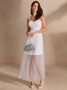 Anewsta Vestido romántico para mujer tipo mermaid entallado con adornos de malla y lentejuelas - Blanco - Ver 3