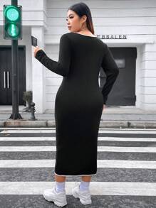 Flirla 加大撞色绑带开叉紧身连衣裙 长款女装 - 黑色 - 查看 2