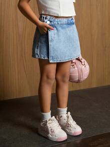 SHEIN Explorewe Young Girls' Retro Washed Denim Shorts With Asymmetrical Waist Design And 2 In 1 Style - Medium Wash - View 3