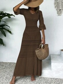 Vestido de punto midi con cuello en V impreso, manga larga y calado para mujer, primavera y verano (patrón aleatorio)