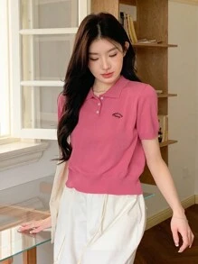 DAZY Women's Fashionable Solid Color Short Sleeve Knit Polo Shirt,Back To School Clothes