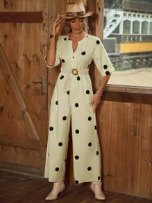 Breezaya Polka Dot Print Plunge Belted Jumpsuit, Vacation Style, Summer